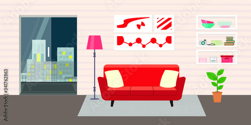 Living room with furniture. Flat style vector interior illustration . Sofa, pillow,  lamp, pictures on wall, flower, shelf. Daylight apartments . Hotel suite with city views. Upstairs. Renting a home