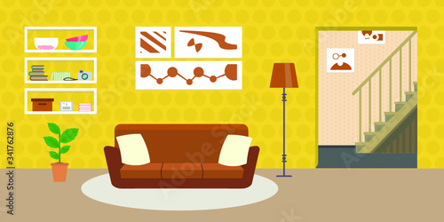 Living room with furniture. Flat style vector interior illustration . Sofa, pillow,  lamp, pictures on wall, flower, shelf. Daylight apartments . Hotel suite with city views. Upstairs. Renting a home