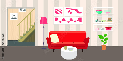 Living room with furniture. Flat style vector interior illustration . Sofa, pillow,  lamp, pictures on wall, flower, shelf. Daylight apartments . Hotel suite with city views. Upstairs. Renting a home