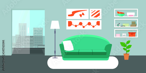 Living room with furniture. Flat style vector interior illustration . Sofa, pillow,  lamp, pictures on wall, flower, shelf. Daylight apartments . Hotel suite with city views. Upstairs. Renting a home