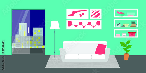 Living room with furniture. Flat style vector interior illustration . Sofa, pillow,  lamp, pictures on wall, flower, shelf. Daylight apartments . Hotel suite with city views. Upstairs. Renting a home