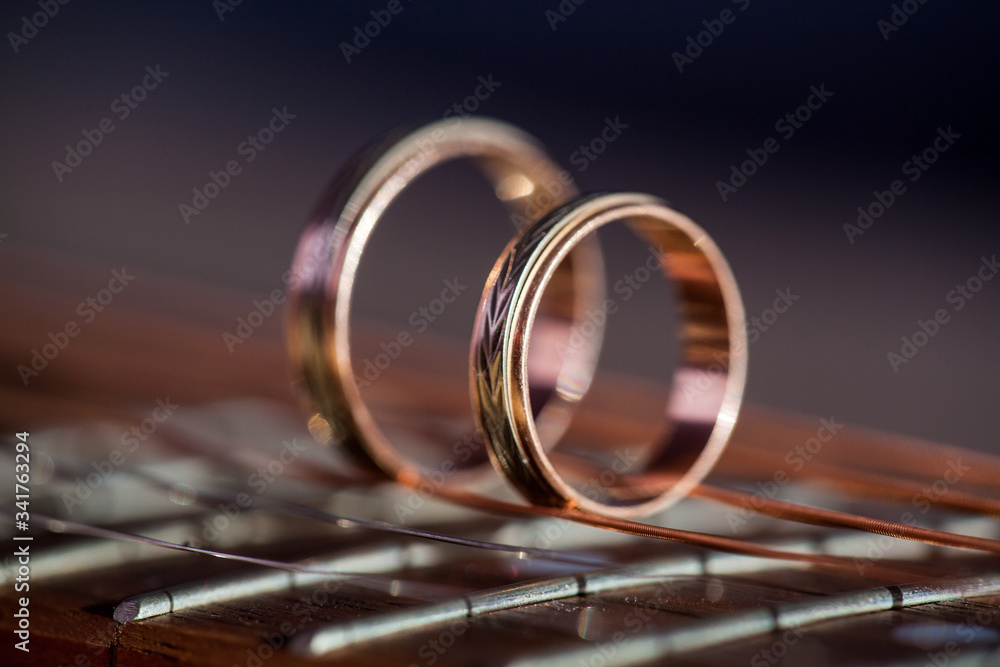 Two Wedding Rings on guitar strings. Shallow Depth Of Field Two Wedding Rings on guitar strings. Shallow Depth Of Field