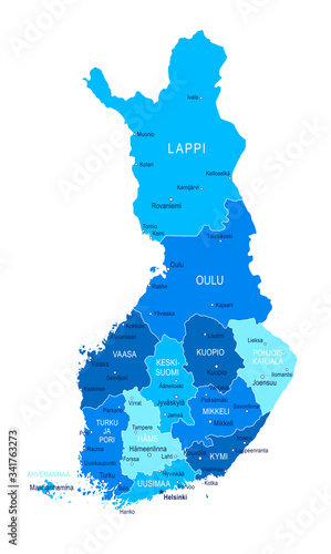 Finland map. Cities, regions. Vector