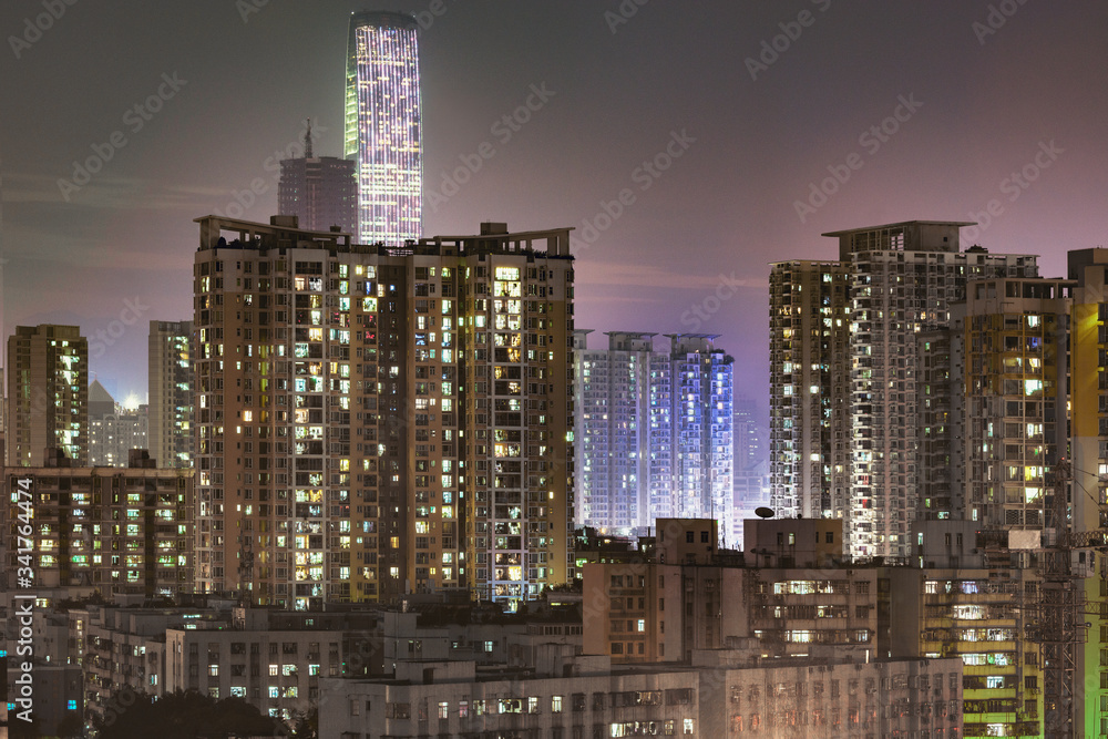 City district view at evening time. Shenzhen. China.