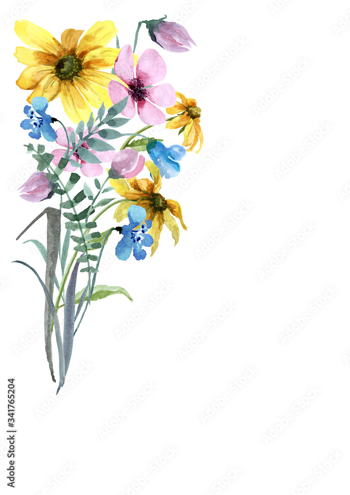 Bouquet of wildflowers of blue, pink and yellow color with green sprigs on a white background. Watercolor illustration.