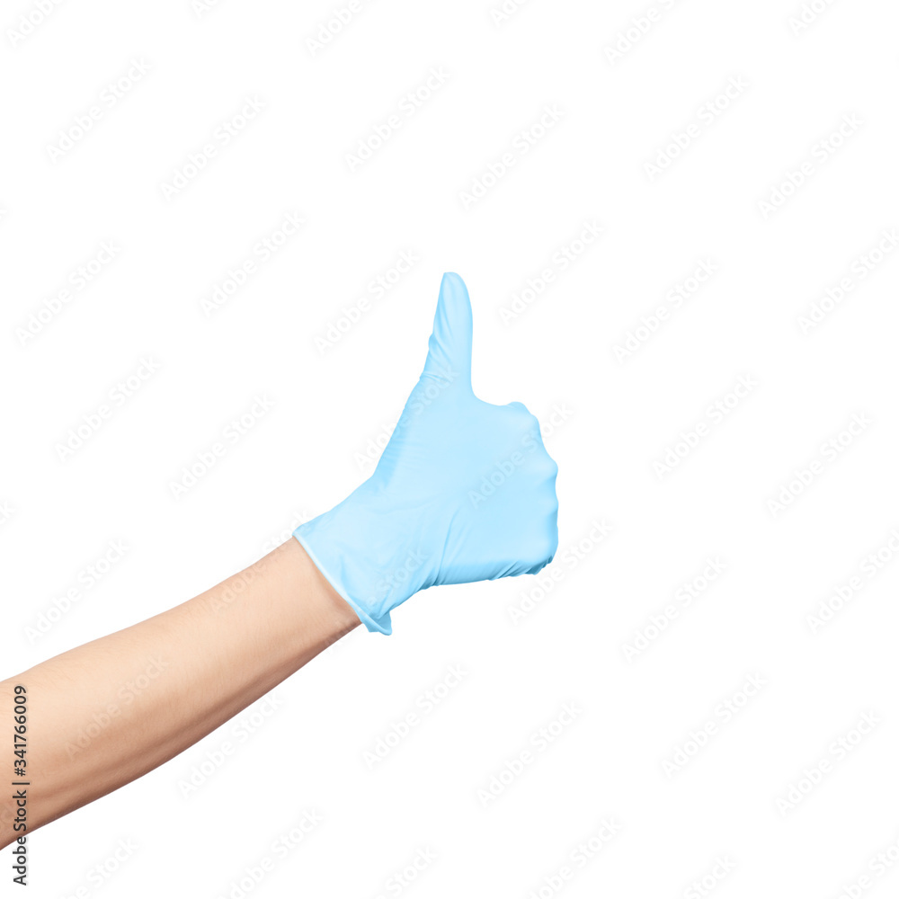 Hand in light blue latex glove isolated on white. Hand in light blue latex glove isolated on white.