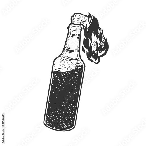 Molotov cocktail petrol gasoline bomb fire bottle sketch engraving vector illustration. T-shirt apparel print design. Scratch board imitation. Black and white hand drawn image. photo