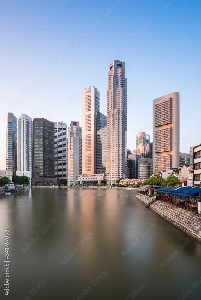 Financial Building with river at Marina Bay Area in the morning with empty sky for add some text, logo, image, etc.