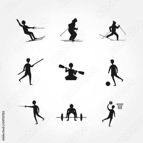 sportsman silhouettes set with weightlifter, fencer, soccer player, skier design elements
