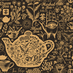 Fotobehang Thee patronen Vintage theewinkel patroon met kruiden  © paseven