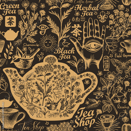 Vector seamless pattern on the theme of tea and tea shop with sketches. Old-fashioned decorative background with hand-drawn herbs. Suitable for Wallpaper, wrapping paper, fabric. Chinese character tea