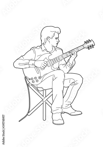 Drawing of a young man with his electric guitar