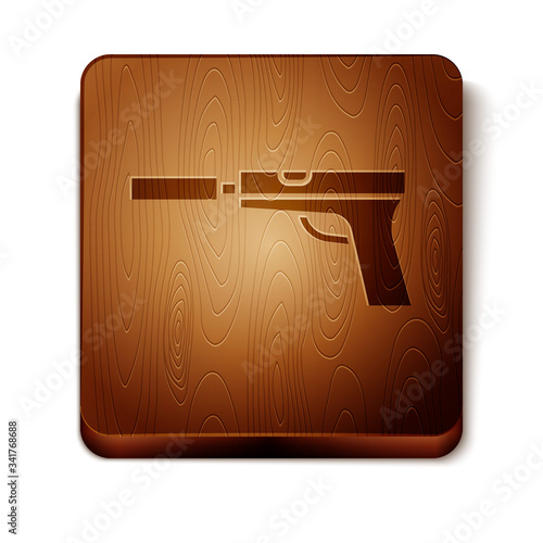 Brown Pistol or gun with silencer icon isolated on white background. Wooden square button. Vector Illustration