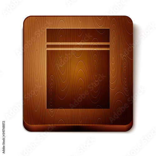 Brown Plastic bag with ziplock icon isolated on white background. Wooden square button. Vector Illustration