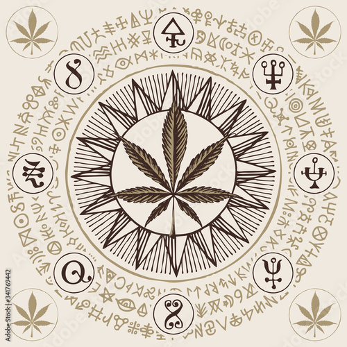 Vector banner for Legalize marijuana with cannabis leaf, esoteric signs and magic runes written in a circle in retro style. Smoking weed. Natural product made from organic hemp