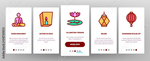 Vesak Day Buddhism Onboarding Icons Set Vector. Buddha Statue And Figure, Lotus Flower And Lantern, Candle And Flags Vesak Illustrations