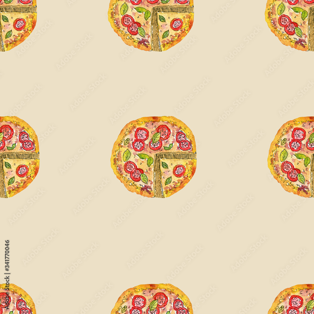 Seamless pattern of pizzas. Art image of pizza. Seamless pattern of pizzas. Art image of pizza.