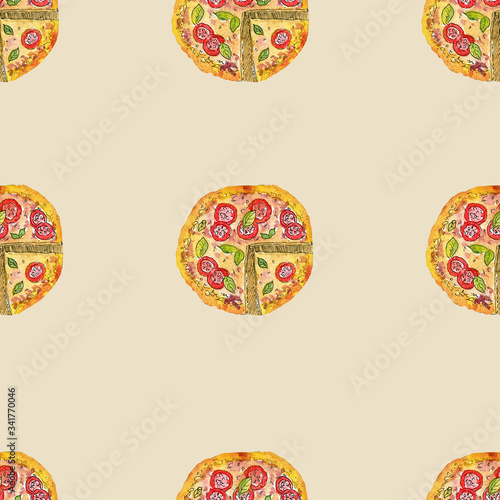 Seamless pattern of pizzas. Art image of pizza.