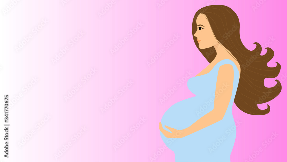 Pregnant young woman in long blue dress caressing her belly at pink background. New life, femininity, happiness to be mother Pregnant young woman in long blue dress caressing her belly at pink background. New life, femininity, happiness to be mother