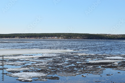 spring river with ice against the background of the forest and blue sky