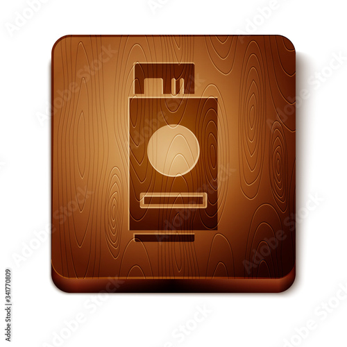 Brown Passport with ticket icon isolated on white background. Identification Document. Concept travel and tourism. Wooden square button. Vector Illustration