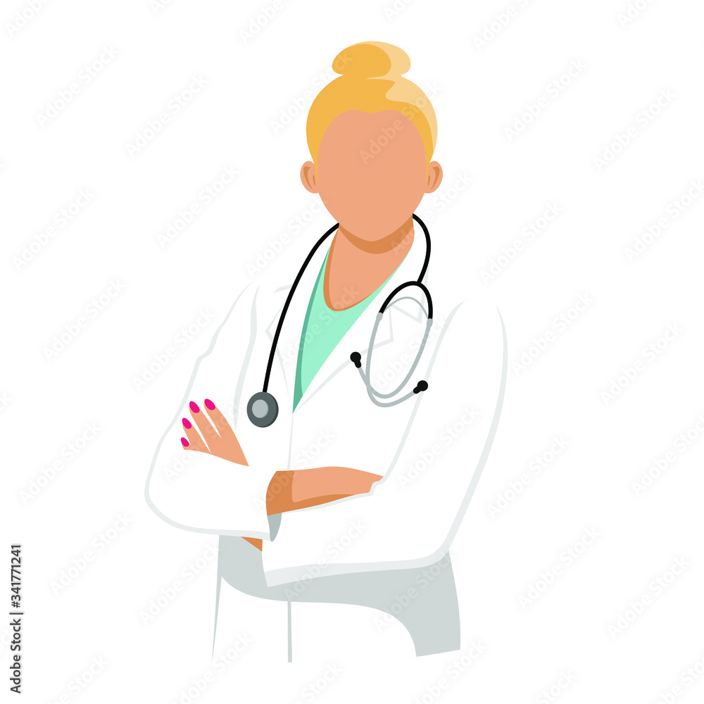 Doctor woman wearing a lab coat stands with crossed arms. Vector flat illustration. Ask doctor. Online medical advice or consultation service, tele medicine, cardiology Doctor woman wearing a lab coat stands with crossed arms. Vector flat illustration. Ask doctor. Online medical advice or consultation service, tele medicine, cardiology