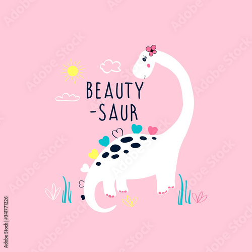 Beauty dinosaur t-shirt design with slogan. Vector illustration design for fashion fabrics, textile graphics, prints.