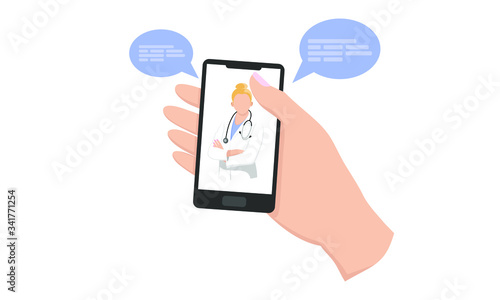 Smartphone screen with female therapist on chat in messenger and an online consultation. Vector flat illustration. Ask doctor. Online medical advise or consultation service, tele medicine, cardiology