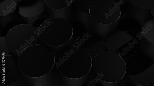 3D rendering of abstract cylindrical geometric black surfaces in virtual space
