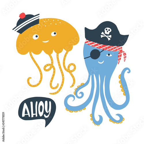 Vector illustration with pirate word Ahoy lettering and sea animals with pirate's hat, cap, scull and bones. Kids logo emblem. Textile fabric print for tshirt, clothing stationery.