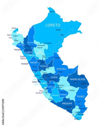 Peru map. Cities, regions. Vector