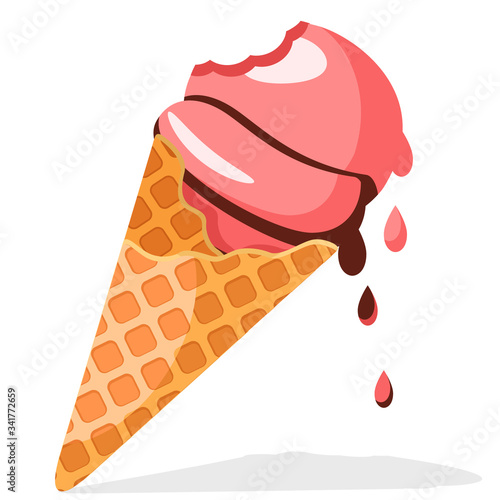 Ice cream cone is bitten and melted on a white