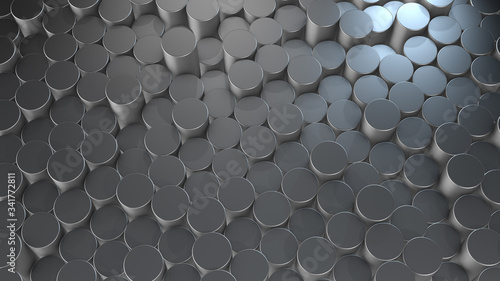 3D rendering of abstract cylindrical geometric aluminum surfaces in virtual space
