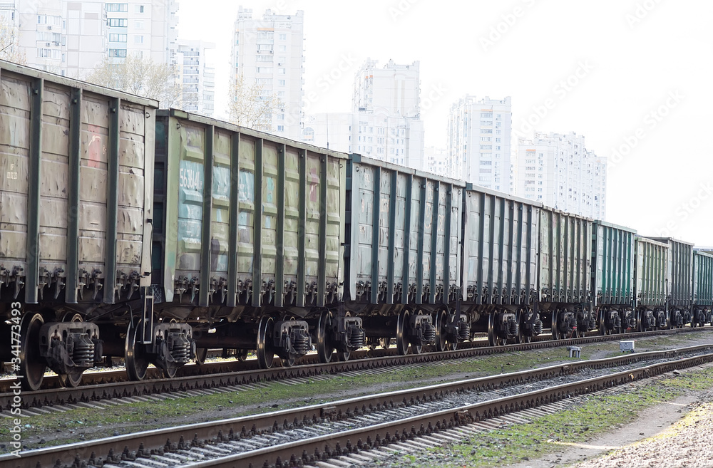 visual effect, residential buildings in freight train cars. freight railway transport