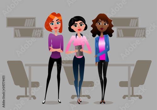 Business Design with Cartoon Business Character for Website, team of successful business lady.