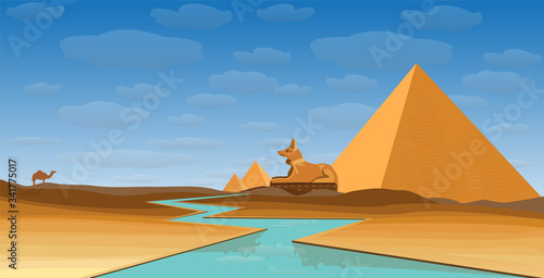 egypt desert with  pyramid Anubi and Nilo
