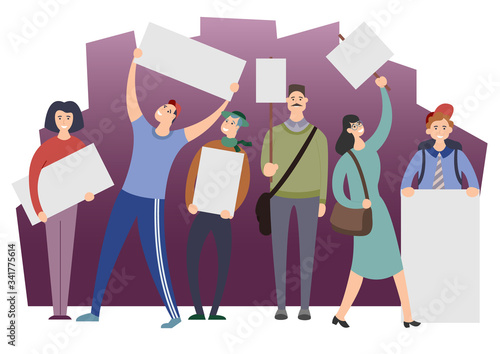 A group of people of young men and women stand and hold blank banners. Protesters or activists take part in a parade or rally or strike and demand. Flat cartoon colorful vector illustration.