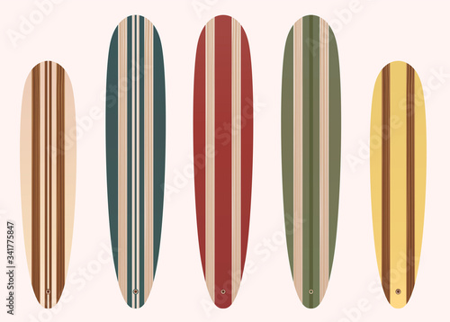Wooden long surfboard set with different color versions. To see the other vector surfboard illustrations , please check Surfboards collection.