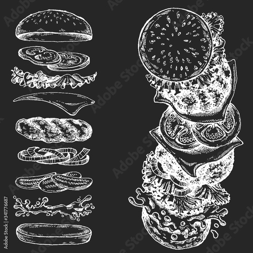 Burger. Vector illustration for menu, restaurant, internet food delivery. Sandwich with ham, beef, bread. American fast food.