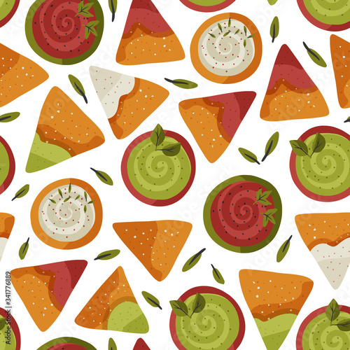 Fototapeta Naklejka Na Ścianę i Meble -  Nacho seamless vector pattern. Traditional Mexican tasty snack illustration with tomato, cheese and avocado sauce. Cartoon background in a flat style.