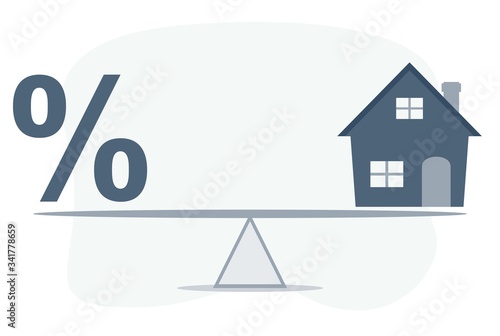 Balance Between Percentage And House Model On Seesaw. Vector flat design illustration.