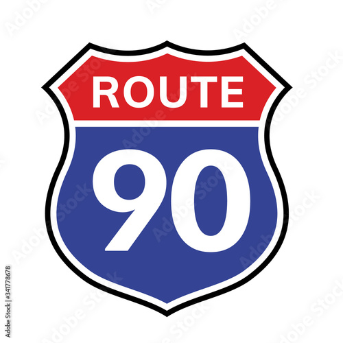 90 route sign icon. Vector road 90 highway interstate american freeway us california route symbol.