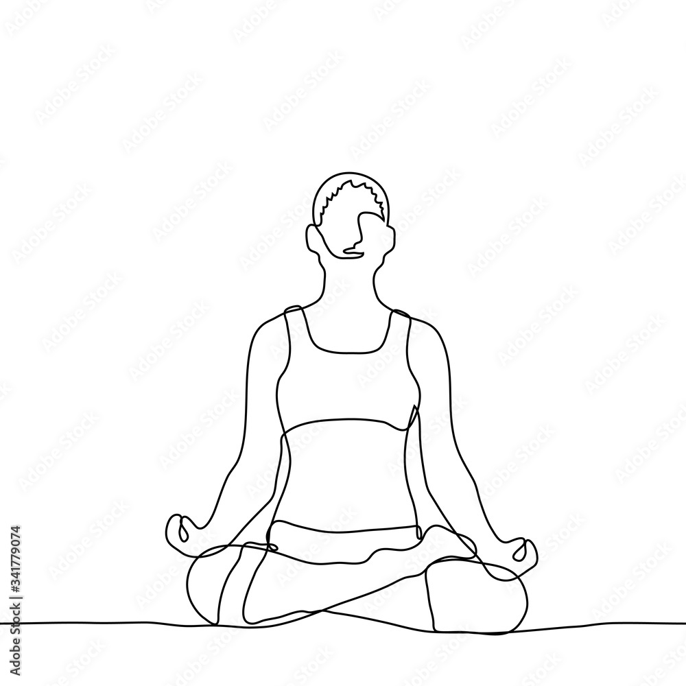 girl in sportswear sits cross-legged and meditates. One continuous line drawing of a girl engaged in yoga, meditation, relaxation, relaxation, mental health, Can be used for animation. girl in sportswear sits cross-legged and meditates. One continuous line drawing of a girl engaged in yoga, meditation, relaxation, relaxation, mental health, Can be used for animation.