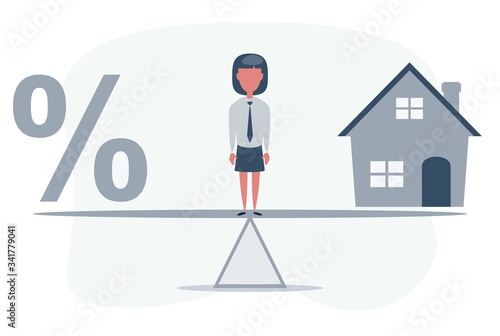 Percentage symbol icon and house scale in equal position. financial management concept depicts short term borrowing for a residence. Vector flat design illustration.