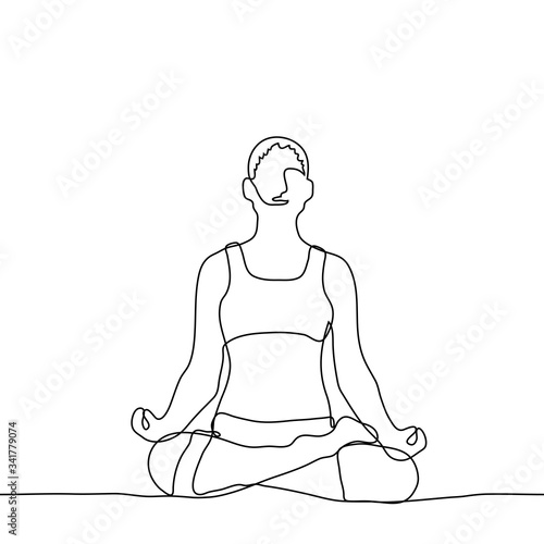 girl in sportswear sits cross-legged and meditates. One continuous line drawing of a girl engaged in yoga, meditation, relaxation, relaxation, mental health, Can be used for animation.
