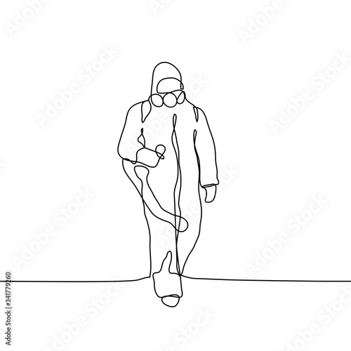 Man wearing protective suits disinfecting space with spray chemicals to prevent the spreading of the coronavirus. One continuous black line art on white background. It can be used for animation.