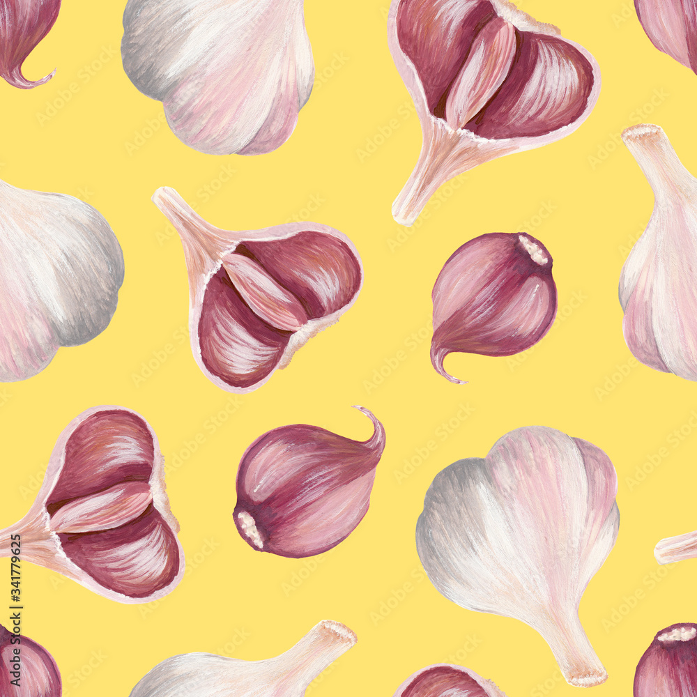 Fototapeta premium whole garlic, half and slice in peel - seamless print isolated on yellow square background. Raster hand drawn gouache illustration of garlic in a realistic style