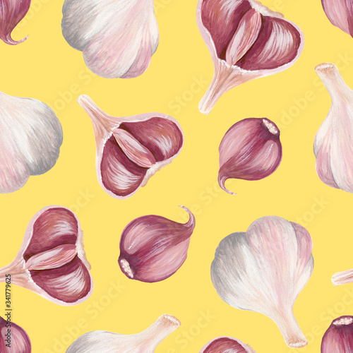 whole garlic, half and slice in peel - seamless print isolated on yellow square background. Raster hand drawn gouache illustration of garlic in a realistic style