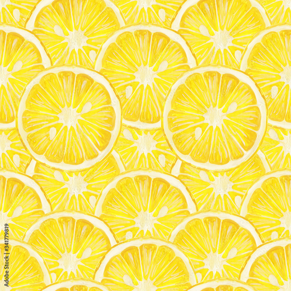 Hand drawn round slice of lemon cut - square seamless print. Tight pattern of lemon rings. Lemon - Raster hand drawn in realistic style seamless pattern Hand drawn round slice of lemon cut - square seamless print. Tight pattern of lemon rings. Lemon - Raster hand drawn in realistic style seamless pattern