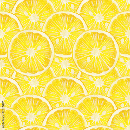 Hand drawn round slice of lemon cut - square seamless print. Tight pattern of lemon rings. Lemon - Raster hand drawn in realistic style seamless pattern